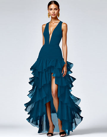 Robe longue formelle noire à col en V avec fente